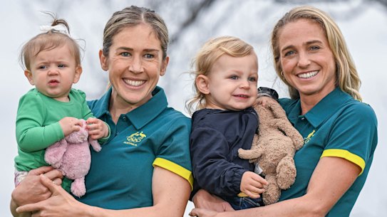 Jess Stenson (left) with Ellie, eight months, and Gen Gregson with Archer, one. 