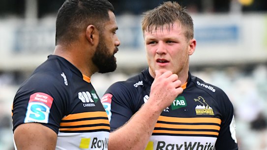 Brumbies hooker Billy Pollard, with Scott Sio.