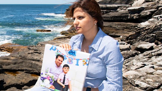 Hasti Masoumi near the spot where her son and husband died rock fishing for the first time in January 2022.