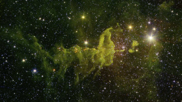 A composite of infrared images of part of “The Spider and the Fly” nebulae, IC 417, where many stars are formed in the Auriga constellation.