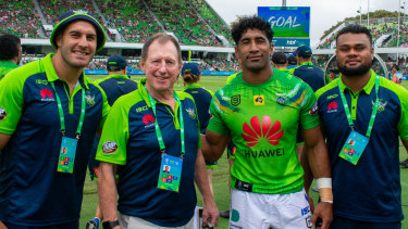 Peter Mulholland, second from left, with Canberra Raiders players Michael Oldfield, Sia Soliola and Dunamis Lui.