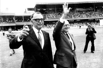 Sir Donald Bradman at the SCG for the opening of the stand named in his honour, 1974.