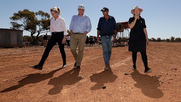 Bridget McKenzie and Scott Morrison join Stephen and Annabel Tully to see how the drought has affected their property in Quilpie, south-west Queensland on Monday.