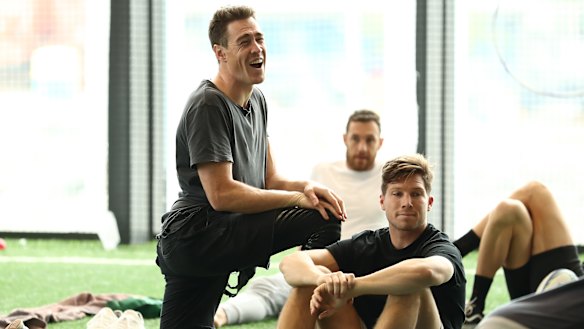 Jeremy Cameron is all smiles at the Giants' recovery session in Sydney on Sunday.