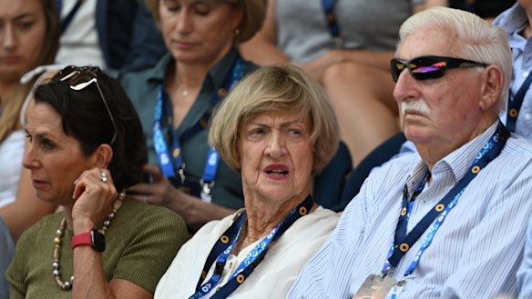 Tennis great Margaret Court seated next to Tennis Australia chair Jayne Hrdlicka and husband, Barrymore, at Rod Laver Arena.