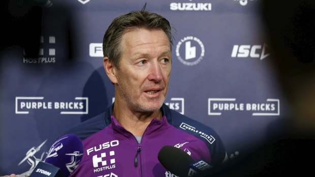 Craig Bellamy addresses the media on Monday following his former star halfback Cooper Cronk's retirement.