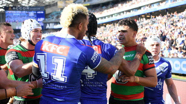 Latrell Mitchell in a confrontation with Bulldogs players.