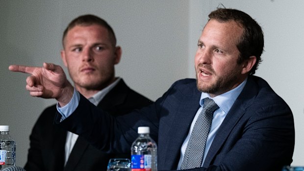 RLPA chief Clint Newton (right) and souths star Tom Burgess. at a recent media conference.