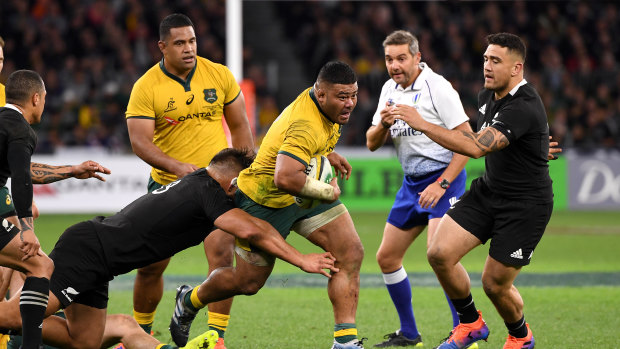 Tolu Latu in action against the All Blacks in Australia's 47-26 win in Perth. 