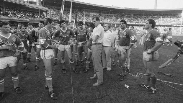 Legacy: Mal Meninga and Wayne Bennett stand together after the Raiders' loss in the grand final against Manly in 1987.