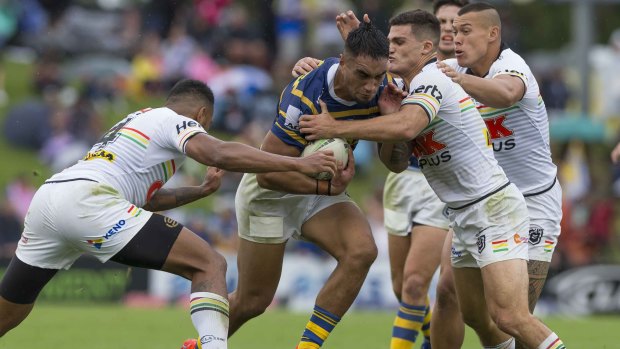 Backs to the wall: Cleary and Penrith try to contain Parramatta's Marata Niukore. 