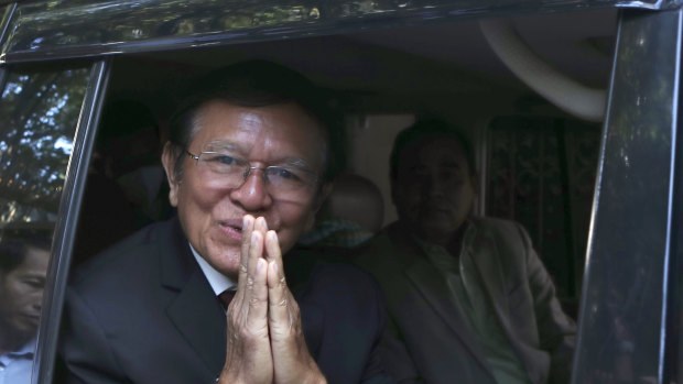 Kem Sokha arrives at court in Phnom Penh on Friday.