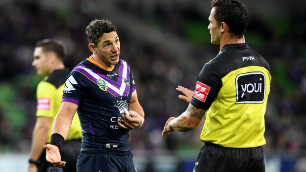 Storm full-back Billy Slater pleads his case during a match that kept the referee on his toes.