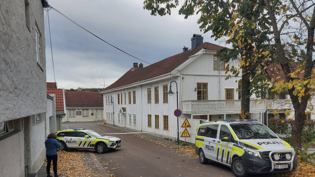Police cordon off one of the sites where a man killed several people in Kongsberg, Norway. 