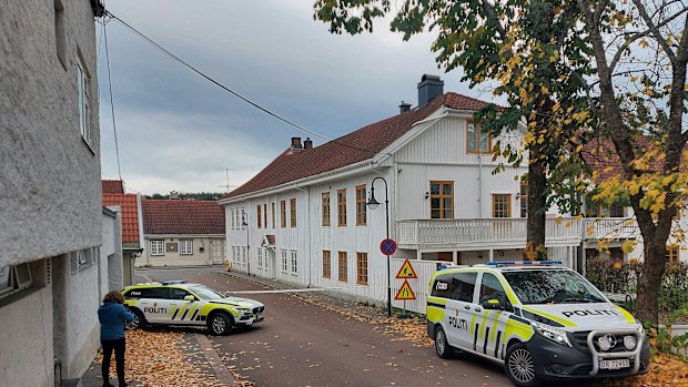 Police cordon off one of the sites where a man killed several people in Kongsberg, Norway. 