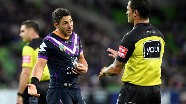 Storm full-back Billy Slater pleads his case during a match that kept the referee on his toes.