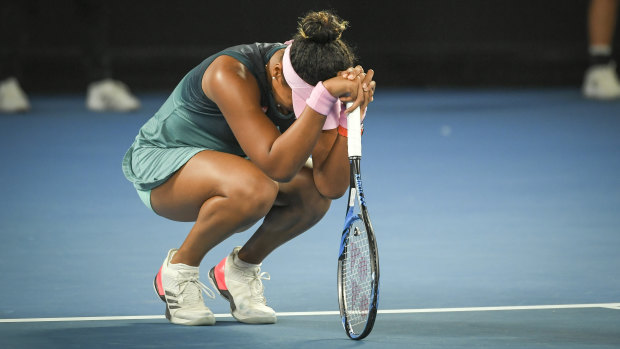 Relief: Osaka wins match point to claim her second grand slam title.