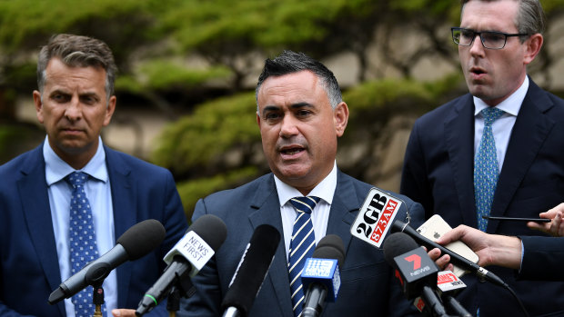 Deputy Premier John Barilaro with Transport Minister Andrew Constance (left) and Treasurer Dominic Perrottet (right) earlier this month.