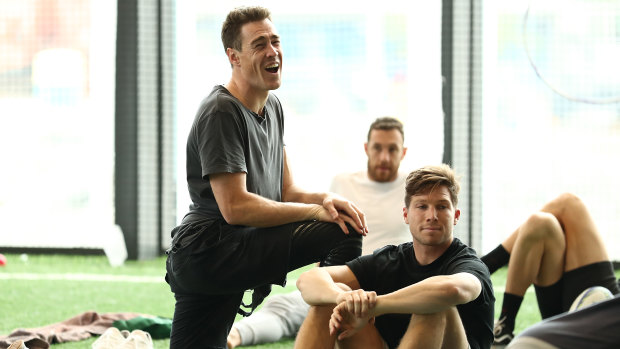 Jeremy Cameron is all smiles at the Giants' recovery session in Sydney on Sunday.