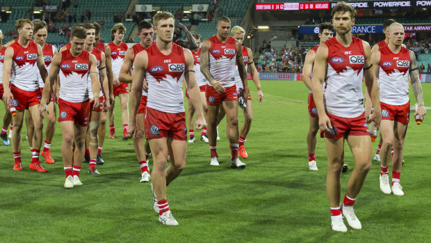 The Swans players leave the SCG after their defeat by Adelaide.