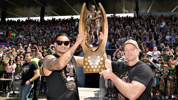 John Sutton and Michael Maguire celebrate the 2014 premiership with Rabbitohs fans at Redfern Oval.