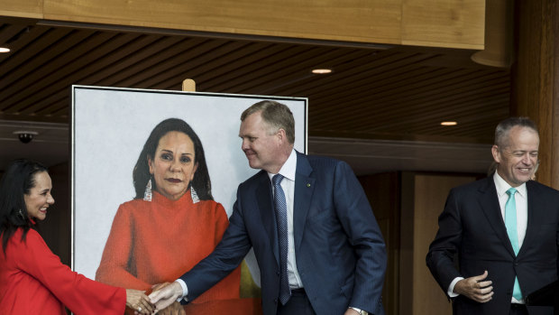 Linda Burney with Speaker Tony Smith and Opposition leader Bill Shorten at the unveiling of her official portrait.