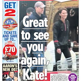 The Sun UK page 1 showing Prince William and Princess Catherine spotted at a farm shop.