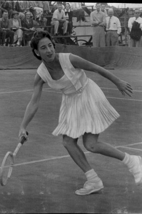 Campbell’s mother, Lorraine Coghlan, in action in 1958, the year after she won the mixed doubles title at Wimbledon.