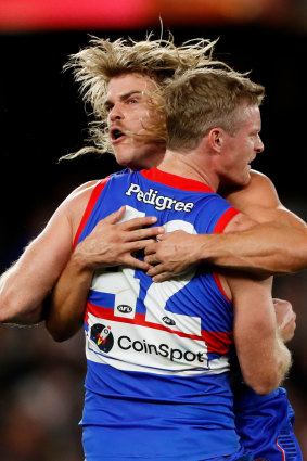 Crypto exchange CoinSpot branding emblazoned on the Western Bulldogs jerseys.