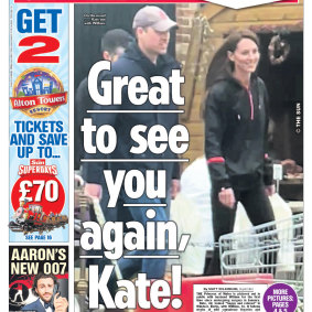 The Sun UK page 1 showing Prince William and Princess Catherine spotted at a farm shop.