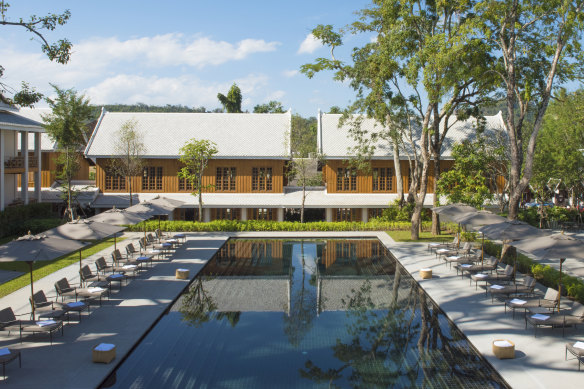 Trees reflected in the guest pool.