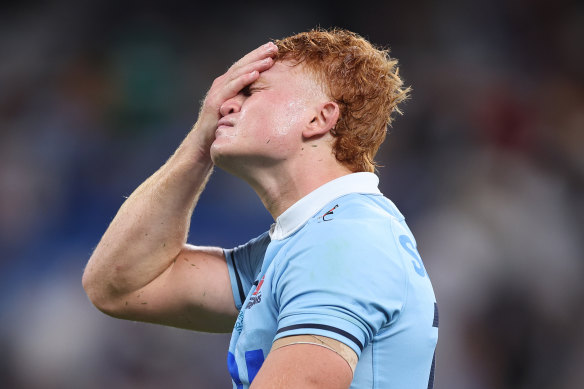Tane Edmed reacts after missing the match-winning penalty kick against the Highlanders.