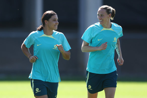 Sam Kerr and Emily van Egmond during  a Matildas training session on Friday.