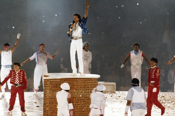 Lionel Richie performs during the closing ceremony of the 1984 Summer Olympics in Los Angeles.