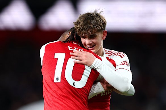 Max Dowman and Arsenal teammate Eberechi Eze celebrate his goal.