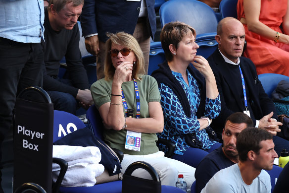 Dijana Dokovic looks on from her son Novak Djokovic’s box.