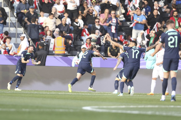 Jackson Irvine celebrates his goal - the only one of the match.