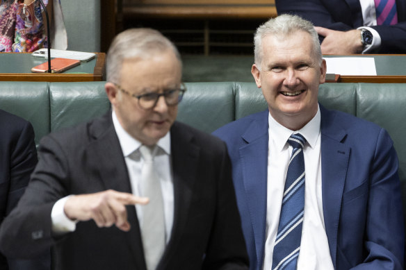 Prime Minister Anthony Albanese and Minister for Employment and Workplace Relations Tony Burke during Question Time at Parliament House on Friday.
