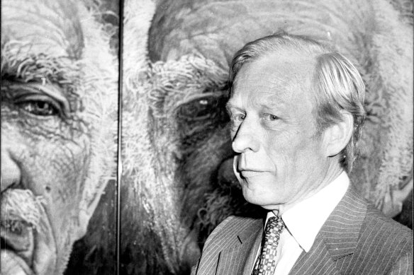 “Charles Lloyd Jone, President of Art Gallery of NSW Board of Trustees, answers questions for the press as the eye of Xavier Herbert, painted by Geoff La Gerche, seems to peer over his shoulder. “February 27, 1981.