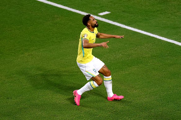 Cunha celebrates his goal with a dance.