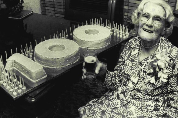Margaret Aisbett celebrating her 100th birthday in Dundas in 1976. Aisbett was really only 24 years old, being born on February 29 a leap year. 