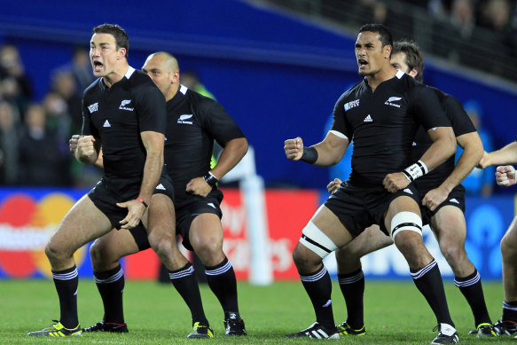 Richard Kahui doing the haka during the 2011 Rugby World Cup.