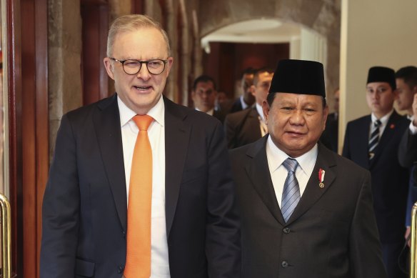 Anthony Albanese and Prabowo Subianto at a bilateral meeting in Lima, Peru, in November.