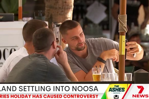 Harry Brook, Will Jacks and Brydon Carse at a bar in Noosa.