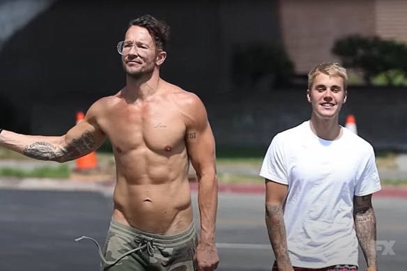 Carl Lentz and Justin Bieber in a still from The Secrets of Hillsong. 