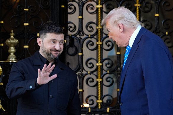 President Donald Trump greets Ukraine’s President Volodymyr Zelenskyy at his Mar-a-Lago club, on Sunday