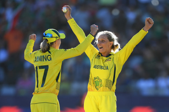 Meg Lanning and Ashleigh Gardner celebrate winning the ICC Women’s T20 World Cup.