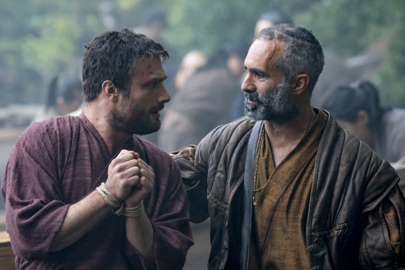 Cosmo Jarvis and Nestor Carbonell in Shōgun.