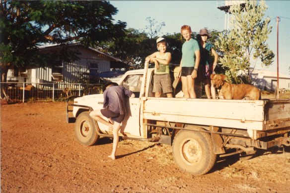 Lyle and Helen’s four boys and Jock the dog on the road in 1991.