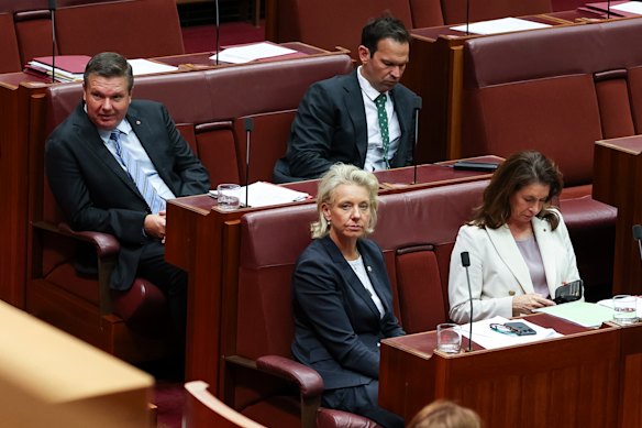 Nationals senators Ross Cadell, Bridget McKenzie, Matt Canavan and Susan McDonald voting against the hate speech bill. 